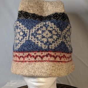 VTG Eddie Bauer Pure Wool Knit Beanie Hat Fair Isle Nordic Blue Cream Made in US
